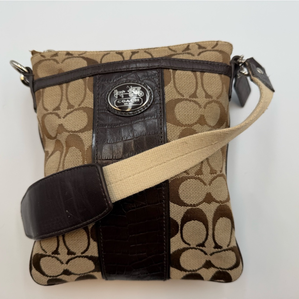 COACH Women’s Sutton Crocodile Leather Signature Swingpack Khaki Brown - Picture 2 of 7